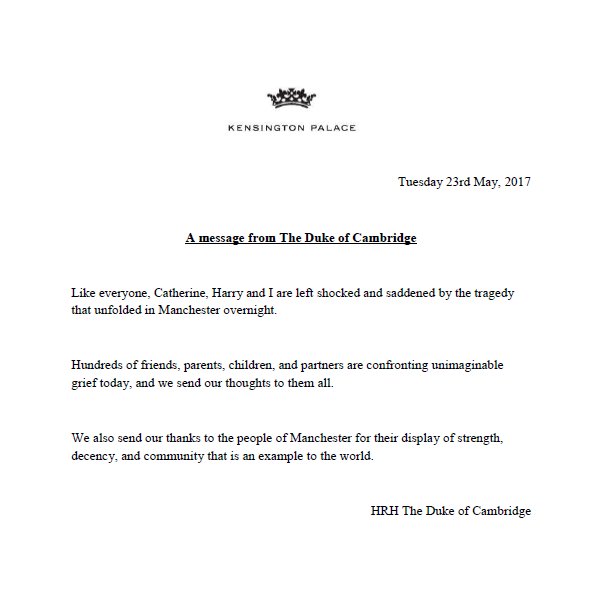 Message From Duke of Cambridge Following Manchester Attack