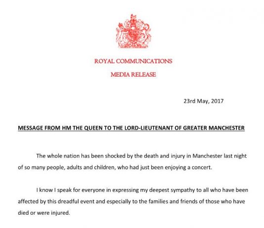 Message from HM The Queen Following Manchester Attack A message from Her Majesty The Queen following yesterday's attack in Manchester