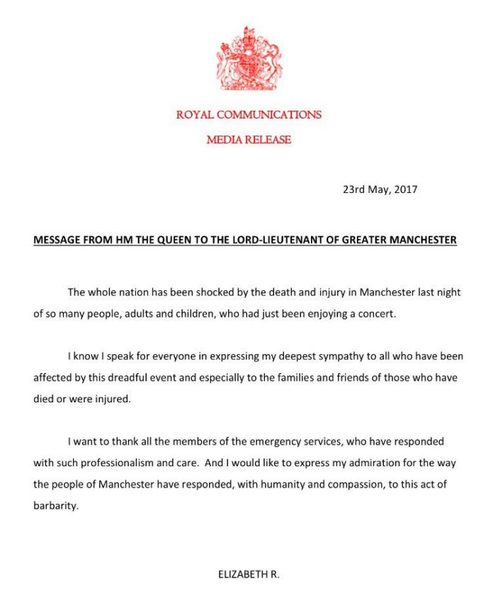 A message from Her Majesty The Queen following yesterday's attack in Manchester