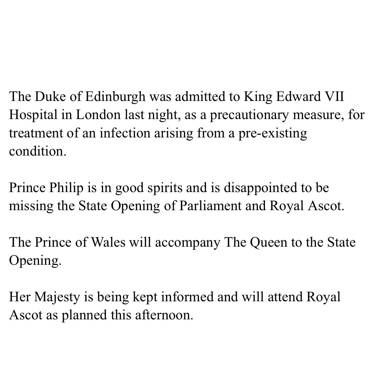 Duke of Edinburgh Admitted to Hospital