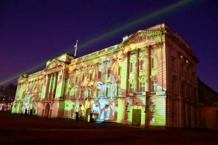 BUCKINGHAM PALACE TRANSFORMED BY RAINFOREST PROJECTION
