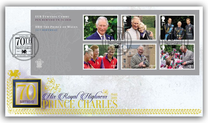 Celebrate the 70th Birthday of Prince Charles with this limited edition first day cover featuring six new stamps in a new miniature sheet.