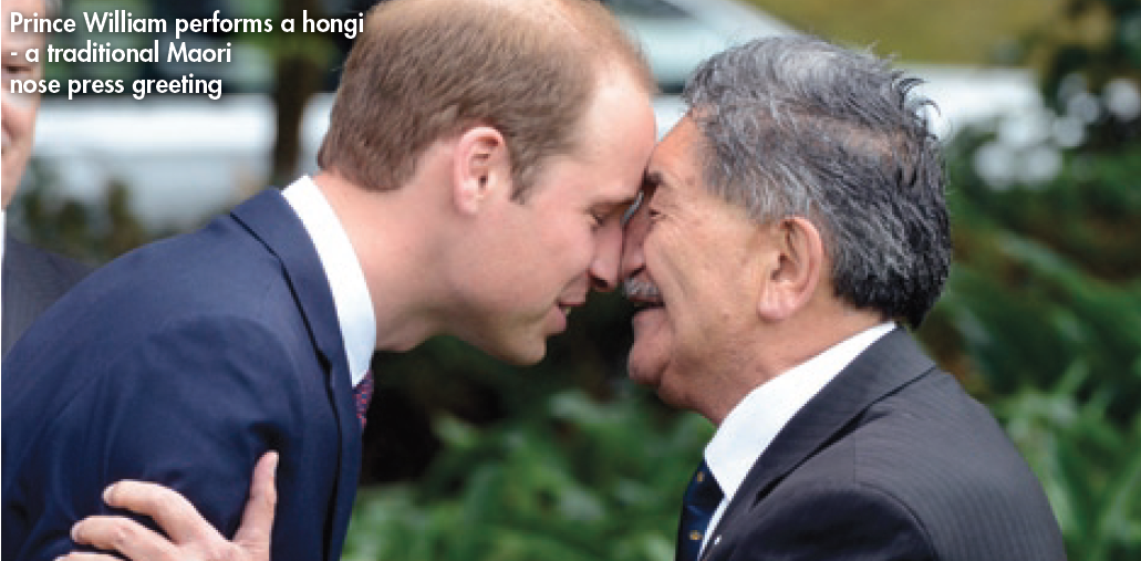 Prince William performs a hongi - a traditional Maori nose press greeting