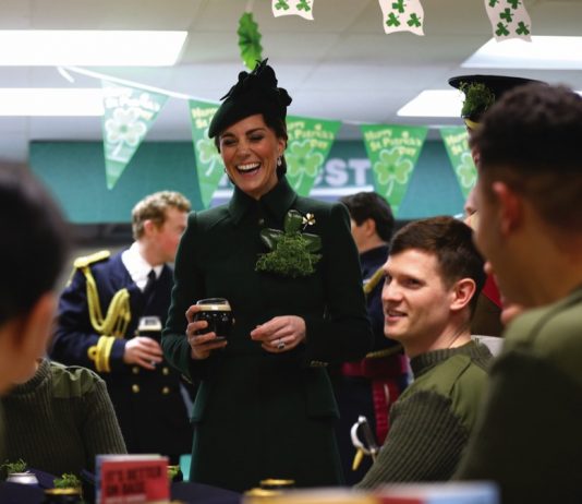 The Princess of Wales to Attend St Patrick’s Day Parade The Duchess of Cambridge after attending the St Patrick's Day parade at Cavalry Barracks in Hounslow, where she presented shamrock to officers and guardsmen of 1st Battalion the Irish Guards. 2019