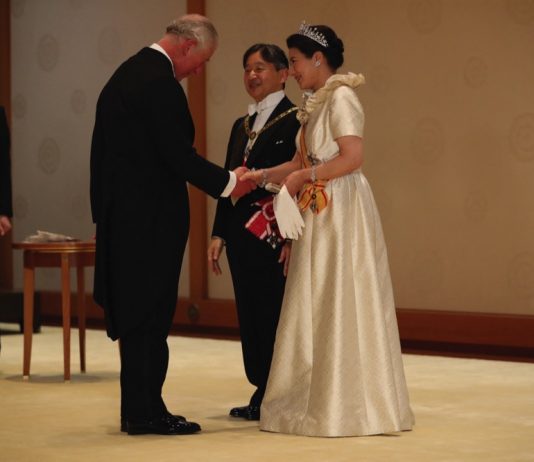 State Visit by The Emperor and Empress of Japan Prince Charles, Prince of Wales, greeted by Emperor Naruhito and Empress Masako ahead of a court banquet at the Imperial Palace on October 22, 2019 in Tokyo, Japan.