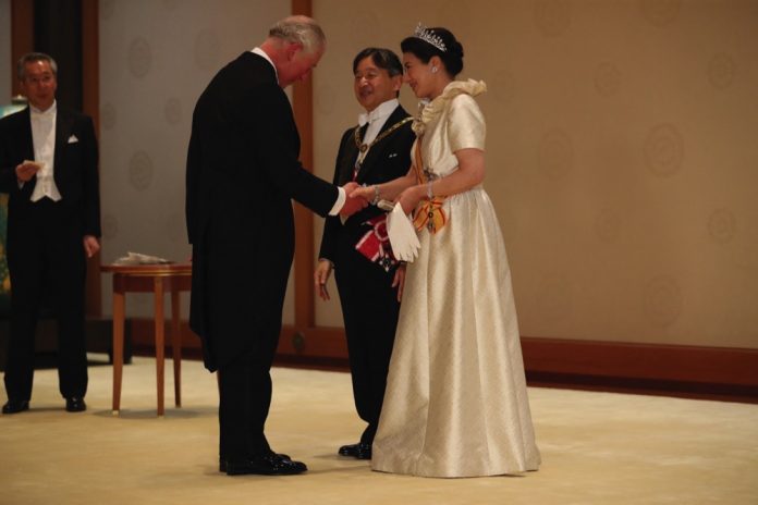 Prince Charles, Prince of Wales, greeted by Emperor Naruhito and Empress Masako ahead of a court banquet at the Imperial Palace on October 22, 2019 in Tokyo, Japan.