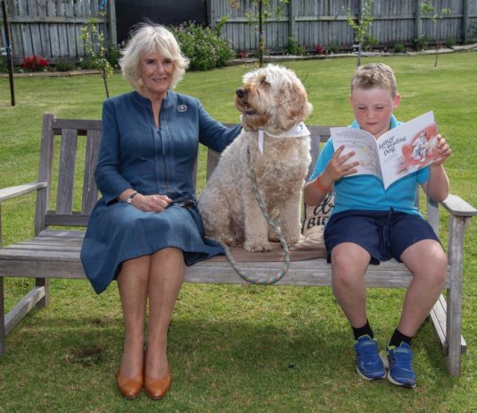 The Queen to Mark 15th Anniversary of Medical Detection Dogs The Duchess of Cornwall with therapy dog, Meg, and Liam Curtis at Kerikeri Primary School, the Bay of Islands, New Zealand