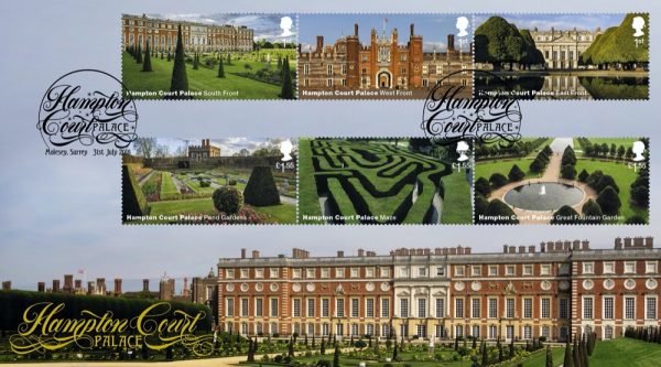 Hampton Court Palace first day cover featuring full-set of six Hampton Court Palace stamps and a special Hampton Court Palace, Molesey postmark.