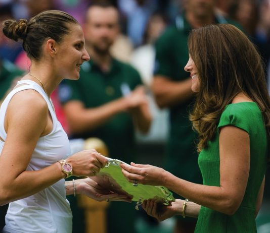 Unique Platinum Coins to be used at Wimbledon to mark Jubilee celebrations and Centre Court tennis centenary The Duchess of Cambridge presents Karolina Pliskova with the runner-up trophy after the final of The Championships Wimbledon 2021