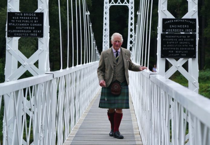 The Duke of Rothesay during a visit to Cambus O'May suspension bridge in Aberdeenshire following its repair, August 31, 2021.