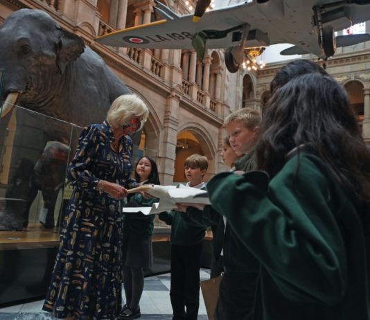 The Queen Consort, Colonel of the Grenadier Guards, to Visit Lille Barracks The Duchess of Cornwall talks to school children as they hold a model of an albatross during a visit to Kelvingrove Art Gallery and Museum in Glasgow to celebrate its 120th anniversary, September, 2021.