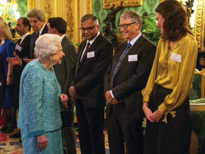 Queen Elizabeth II greets Bill Gates at a reception for international business and investment leaders at Windsor Castle, to mark the Global Investment Summit, October 19, 2021.