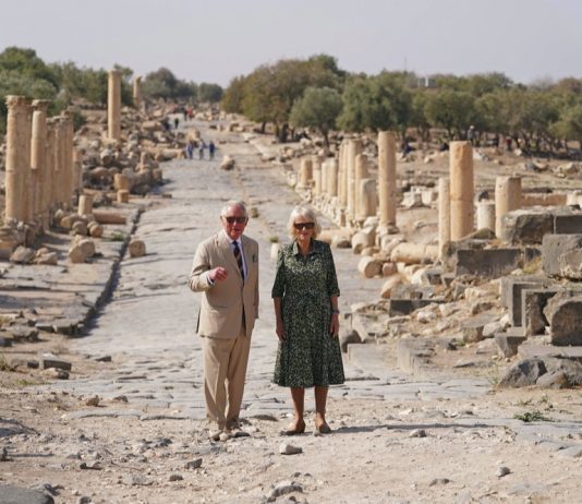 King to Host King Abdullah II of the Hashemite Kingdom of Jordan The Prince of Wales and Duchess of Cornwall during a walking tour of Umm Qais in Jordan, on the second day of their tour of the Middle East. November 17, 2021.
