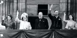 The King to Lead Nation in Tribute to the Greatest Generation Britain's Prime Minister Winston Churchill, center, joins the Royal Family, from left, Princess Elizabeth, Queen Elizabeth, King George VI, and Princess Margaret, on the balcony of Buckingham Palace, London, England, on VE-Day on May 8, 1945.