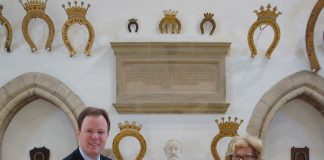 ‘Our Gracious, Noble Queen’ Henry Dawe presenting a framed copy of his Jubilee Poem to the Lord-Lieutenant, Dr Sarah Furness, at Oakham Castle. The small box attached to the bottom of the frame contains a USB stick which will enable a member of staff to show the video of the poem to The Queen on a computer or television set.