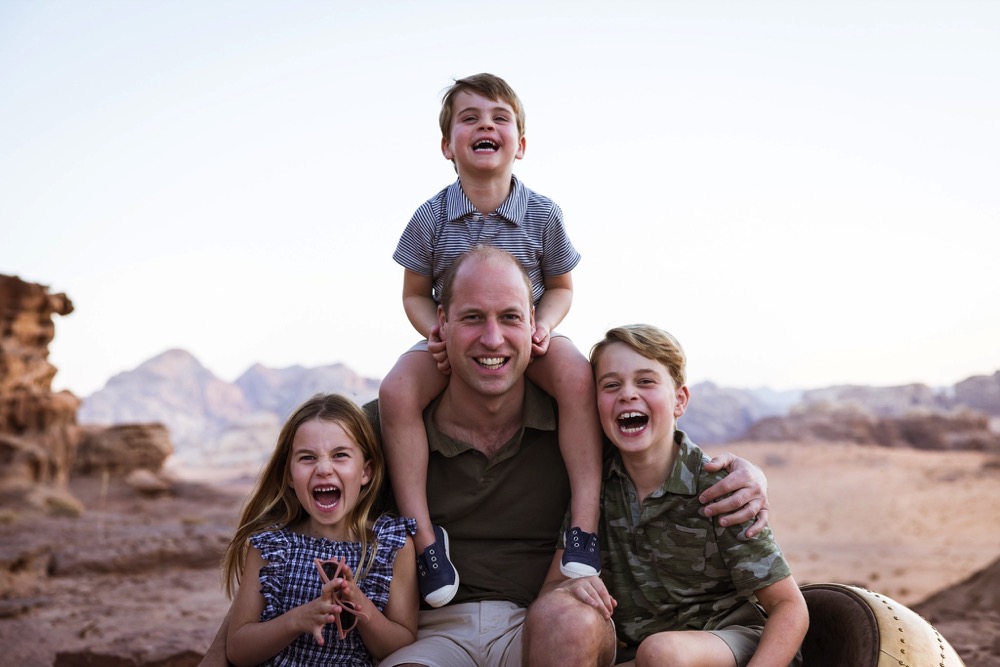 To mark Fathers Day, the Duke and Duchess of Cambridge have shared a photograph of Prince William with Prince George, Princess Charlotte and Prince Louis in Jordan last autumn. © Kensington Palace