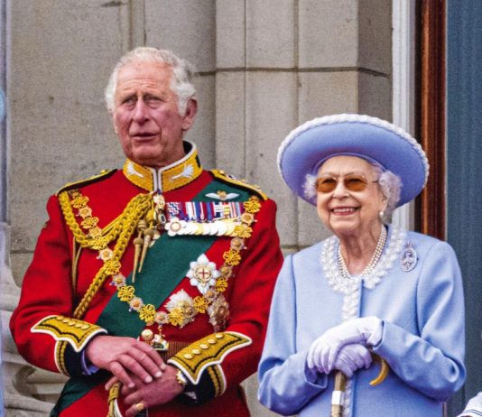 The King’s Birthday Parade (Trooping The Colour) Queen Elizabeth II and Prince Charles during 2022 Trooping the Colour celebrations, marking the monarch's official birthday and her 70 year Jubilee, in London, 2022.