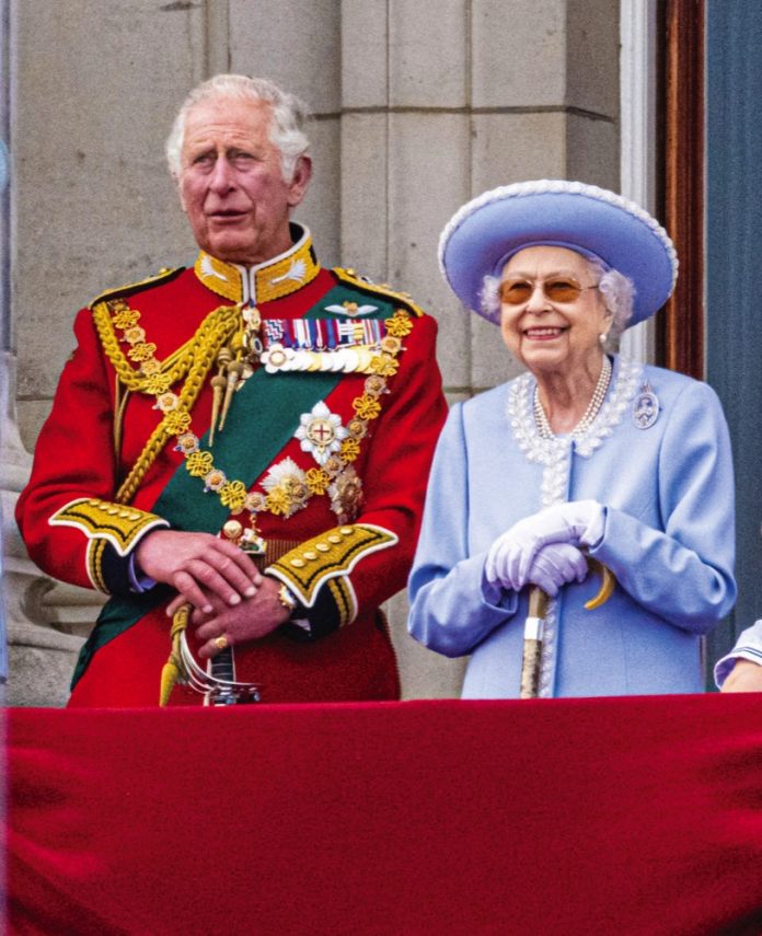 Queen Elizabeth II and Prince Charles during 2022 Trooping the Colour celebrations, marking the monarch's official birthday and her 70 year Jubilee, in London, 2022.
