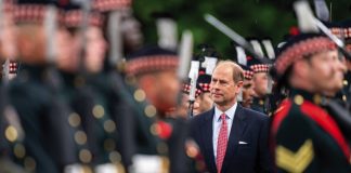 The King confers The Dukedom of Edinburgh upon The Prince Edward The Earl of Wessex, who accompanied Queen Elizabeth II, at the Ceremony of the Keys on the forecourt of the Palace of Holyroodhouse in Edinburgh. The ceremony is part of The Queen's traditional trip to Scotland for Holyrood Week. June 27, 2022.