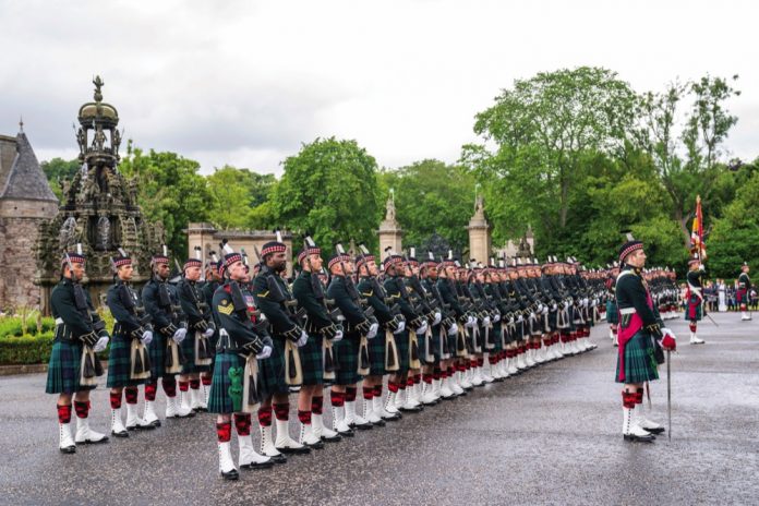Balaklava Company 5 SCOTS Royal Regiment of Scotland during the Ceremony of the Keys on the forecourt of the Palace of Holyroodhouse in Edinburgh. June 27, 2022.
