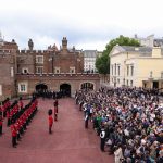 Members of the Coldstream guards line up ahead of the watching public as the Garter Principle King of Arms, David Vines White reads the proclamation of new King, King Charles III, from the Friary Court balcony of St James’s Palace, London, after King Char