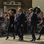 Windsor, UK. 10th September, 2022. Prince William and Catherine, the new Prince and Princess of Wales, accompanied by Prince Harry and Meghan, the Duke and Duchess of Sussex, proceed to greet well-wishers outside Windsor Castle following the death of Quee