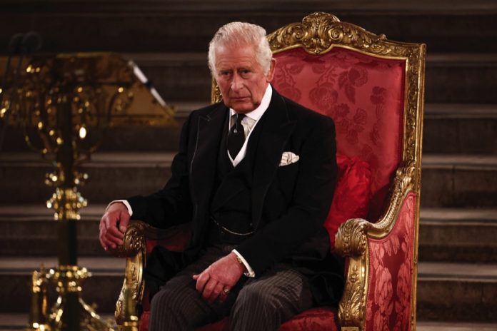 King Charles III at Westminster Hall, London, where both Houses of Parliament are meeting to express their condolences following the death of Queen Elizabeth II. September 12, 2022.