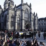 Crowds line the Royal Mile, Edinburgh, as King Charles III joins a procession from the Palace of Holyroodhouse to St Giles? Cathedral following the coffin of Queen Elizabeth II. The King, will be joined by other members of the royal family, where they wil