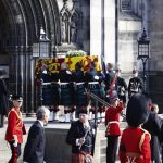 Crowds line the Royal Mile, Edinburgh, as King Charles III joins a procession from the Palace of Holyroodhouse to St Giles? Cathedral following the coffin of Queen Elizabeth II. The King, will be joined by other members of the royal family, where they wil