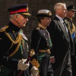 Abbey Strand, Palace of Holyroohouse, Edinburgh, UK. 12th Sep, 2022. UK News King Charles III, Princess Anne, Prince Andrew and Prince Edward walk ogether as the procession of the coffins of the late Queen Elizabeth II leaves through the gates of the Pala