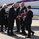 The Queen Consort (left) is greeted by Lord Lieutenant of Belfast Fionnuala Jay-O’Boyle as King Chares III is greeted by (left to right) Secretary of State for Northern Ireland Chris Heaton-Harris, Chief Executive of Belfast City Airport Matthew Hall, Ell