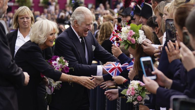 King Charles III meeting well-wishers as he arrives for a visit to Hillsborough Castle, Co Down, September 13, 2022.