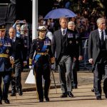 London, UK. 14th Sep, 2022. King Charles III, William, Prince of Wales, Anne, Princess Royal, Prince Harry, Duke of Sussex and Andrew, The Duke of York accompany the The Coffin of Queen Elizabeth II of the United Kingdom wich is transported from Buckingha