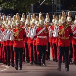 The Mall, London, UK. 14th September 2022. On the death of Queen Elizabeth II – ceremonial troops seen on The Mall as the Queen’s coffin is taken in a procession from Buckingham Palace to Westminster Hall for the lying-in-state, followed by her children a