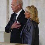 US President Joe Biden and First Lady Jill Biden view the coffin of Queen Elizabeth II, lying in state on the catafalque in Westminster Hall, at the Palace of Westminster, London. Picture date: Sunday September 18, 2022.