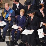 (front row) The Prince of Wales, Prince George, the Princess of Wales, and Princess Charlotte, (second row) Jack Brooksbank , Princess Eugenie, Sarah, Duchess of York during the State Funeral of Queen Elizabeth II at the Abbey in London. Picture date: Mon