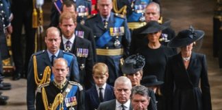Reception to Thank Those Involved in the Funeral of Queen Elizabeth II and the Coronation King Charles III, the Queen Consort, the Princess Royal, Vice Admiral Sir Tim Laurence, the Duke of York, the Earl of Wessex, the Countess of Wessex, the Prince of Wales, the Princess of Wales, Prince George, Princess Charlotte, the Duke of Sussex, the Duchess of Sussex, Peter Phillips and the Earl of Snowdon follow behind the coffin of Queen Elizabeth II, draped in the Royal Standard with the Imperial State Crown and the Sovereign's orb and sceptre, as it is carried out of Westminster Abbey after her State Funeral. September 19, 2022.