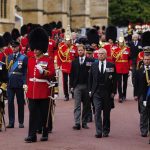 (left to right) King Charles III, the Prince of Wales, the Duke of Sussex, the Duke of York, Peter Phillips and the Earl of Wessex follow the State Hearse carries the coffin of Queen Elizabeth II, draped in the Royal Standard with the Imperial State Crown
