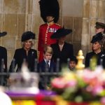 The Duchess of Sussex, the Queen Consort, Prince George, the Princess of Wales, Princess Charlotte and the Countess of Wessex after State Funeral of Queen Elizabeth II, held at Westminster Abbey, London. Picture date: Monday September 19, 2022.