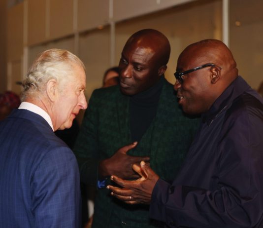 His Majesty The King Will Visit The Africa Centre King Charles III speaks to fashion designer Ozwald Boateng, OBE (left) and Edward Kobina Enninful OBE, editor-in-chief of British Vogue (right) during his visit to the Africa Fashion exhibition at the Victoria and Albert Museum, London. November 3, 2022.