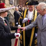 King Charles III touches a sword, symbolising his being formally welcomed into the city, during a ceremony at Micklegate Bar in York. November, 2022.
