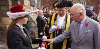 His Majesty The King will Visit Bedfordshire King Charles III touches a sword, symbolising his being formally welcomed into the city, during a ceremony at Micklegate Bar in York. November, 2022.