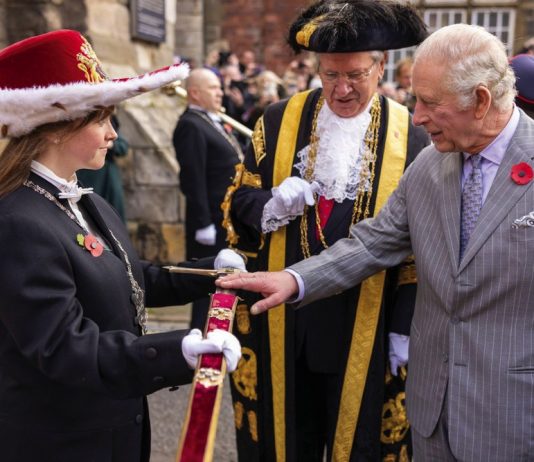 His Majesty The King will Visit Bedfordshire King Charles III touches a sword, symbolising his being formally welcomed into the city, during a ceremony at Micklegate Bar in York. November, 2022.