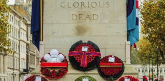 MEMBERS OF THE ROYAL FAMILY MARK REMEMBRANCE The wreaths of the Royal Family - King Charles, Prince of Wales, Princess Anne, and Prince Edward - Remembrance Sunday at the Cenotaph. Nov, 2022.