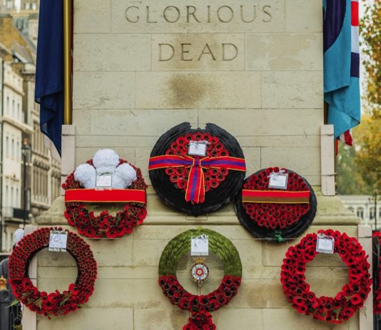 MEMBERS OF THE ROYAL FAMILY MARK REMEMBRANCE The wreaths of the Royal Family - King Charles, Prince of Wales, Princess Anne, and Prince Edward - Remembrance Sunday at the Cenotaph. Nov, 2022.