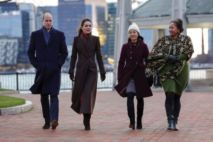 The Prince and Princess of Wales walk with Mayor Michelle Wu and Reverend Mariama White-Hammond during a visit to Boston Harbour, December 1, 2022.