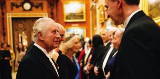 His Majesty The King is Announced as Colonel in Chief of the Corps of Royal Engineers King Charles III during a Diplomatic Corps reception at Buckingham Palace in London. December 6, 2022.
