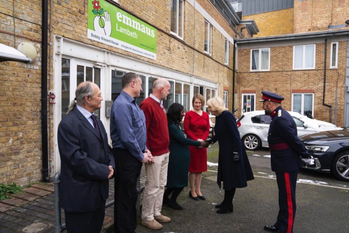 The Queen greets staff, companions and trustees during a visit to the Emmaus Community at Bobby Vincent House in West Norwood, south east London, which is part of Emmaus SLC (Surrey, Lambeth, Croydon), to learn about Emmaus's work in the UK to develop women-only provisions and how a women-only space is often important for women who have experienced homelessness, December 13, 2022.