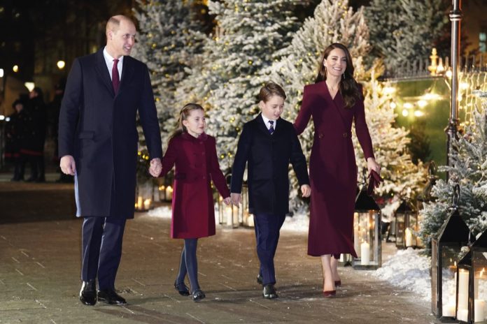 The Prince and Princess of Wales arriving with their children Princess Charlotte and Prince George for the 'Together at Christmas' Carol Service at Westminster Abbey in London, December 15, 2022.