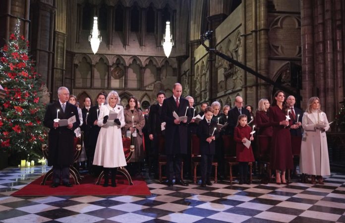 King Charles III, the Queen Consort, the Prince of Wales, Prince George, Princess Charlotte, the Princess of Wales and the Countess of Wessex during the 'Together at Christmas' Carol Service at Westminster Abbey in London, December, 2022.